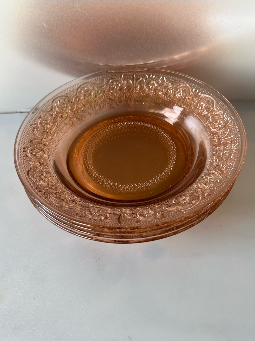 Vintage KIG Indonesia Pink Glass platter bowl Diamond flower pattern 8" set of 4